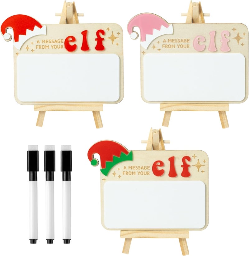 Eartim Christmas Elves Sign - 3Set Elves Message Board with Foldable Wood Tripod Easel Black Marker Dry Erase Whiteboard Home Table Decor Kids Birthday Christmas Gift Holiday Keepsake Xmas Party Favor - Image 1